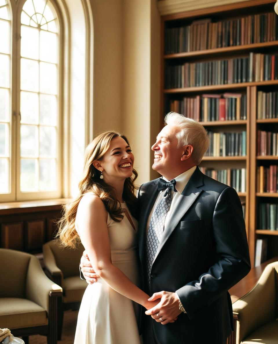 A couple laughing in a sunlit library